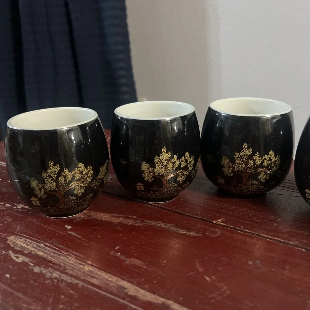 Vintage Dujust Japanese Tea Pot & 6 Cups Black & Gold House & Tree‎ Design